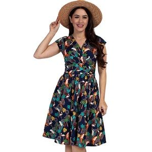 Retrolicious Greta Dress in Navy Tropical Bird Print Size Small